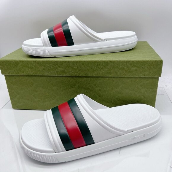 Gucci Men’s Web ACE RUBBER Slide Sandals Pool White UK 13 US 13.5 NEW AUTHENTIC - Picture 3 of 12